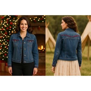 Ethyl‎ Denim Jacket Women's Medium Embroidered Boho Western Studded Jean Coat